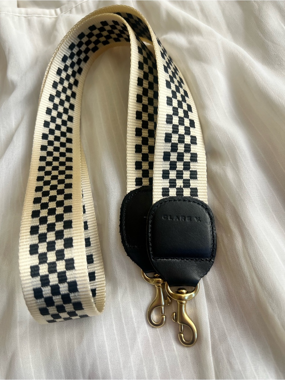 Clare V Cream and Black Checkerboard Detachable Strap with Gold Hardware